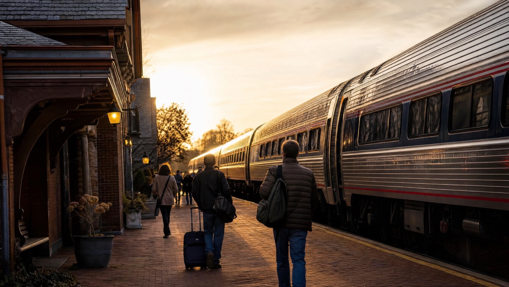 An Amtrak Northeast Regional train at a Virginia station platform at dusk