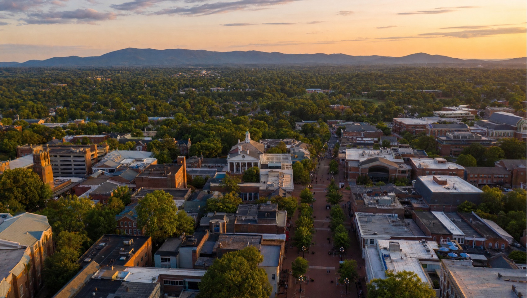 Historic downtown Charlottesville at golden hour