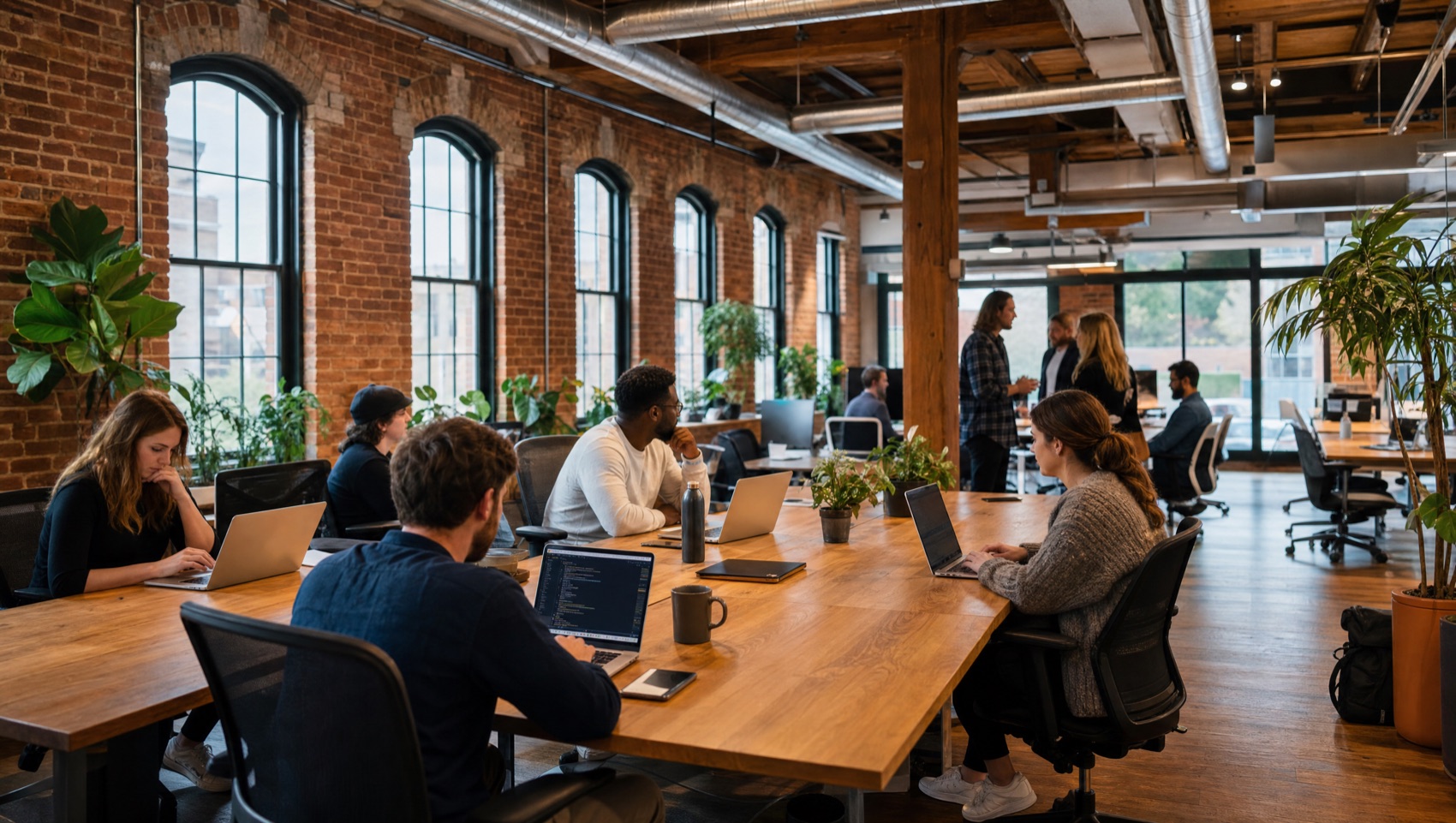A modern startup team collaborating in a restored downtown Charlottesville office