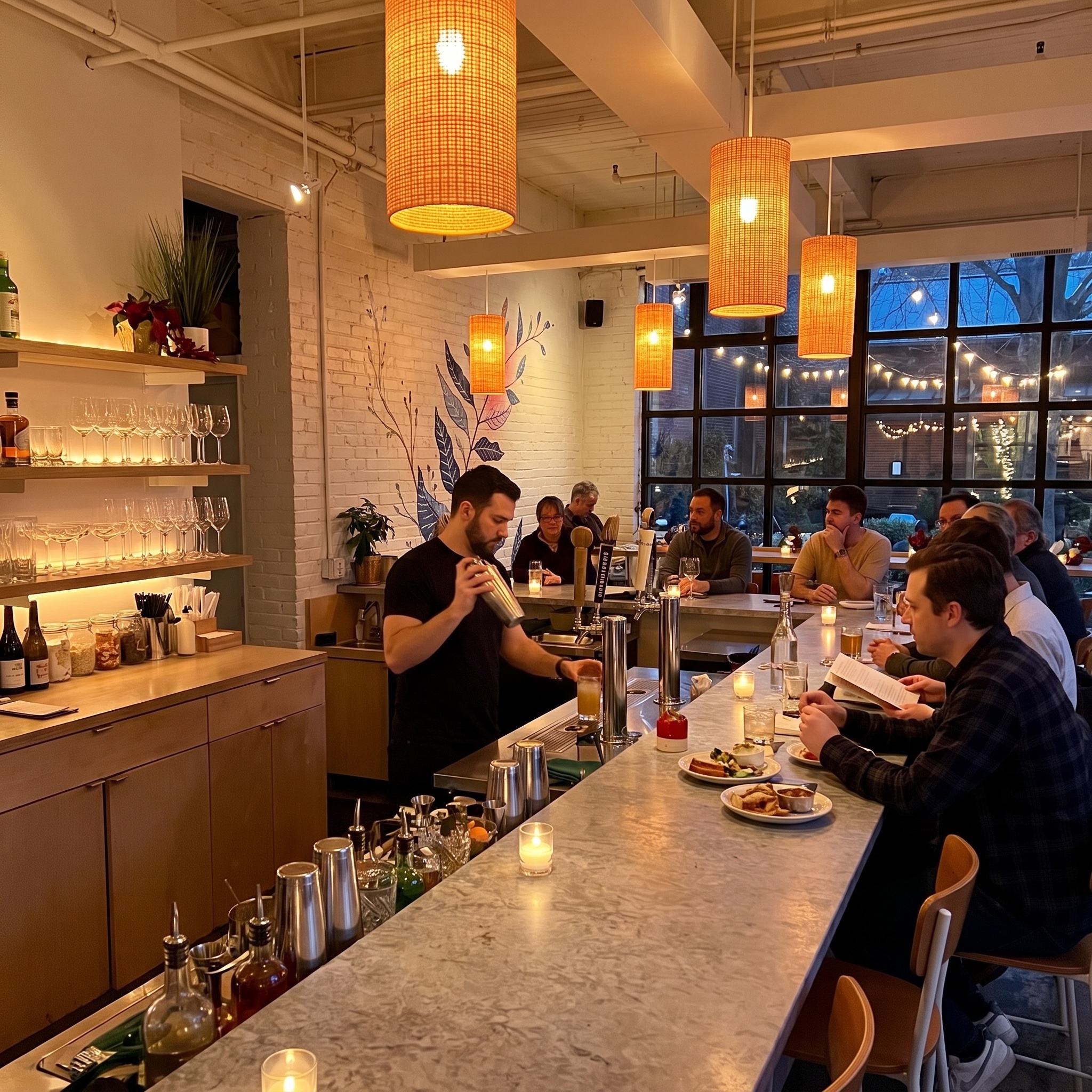 A downtown Charlottesville restaurant space set up and full of guests in the evening